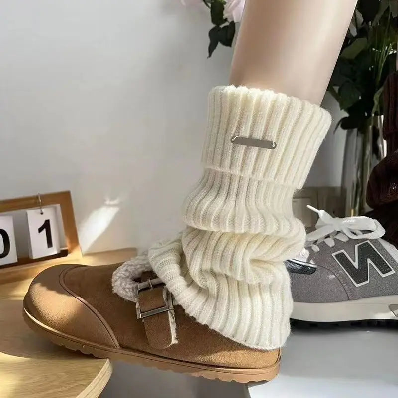 Lbsfy Leg Warmers Woman Autumn and Winter Knit Thick Warm Girls Lolita Socks Metal nameplate White Black Loose Leg Warmers