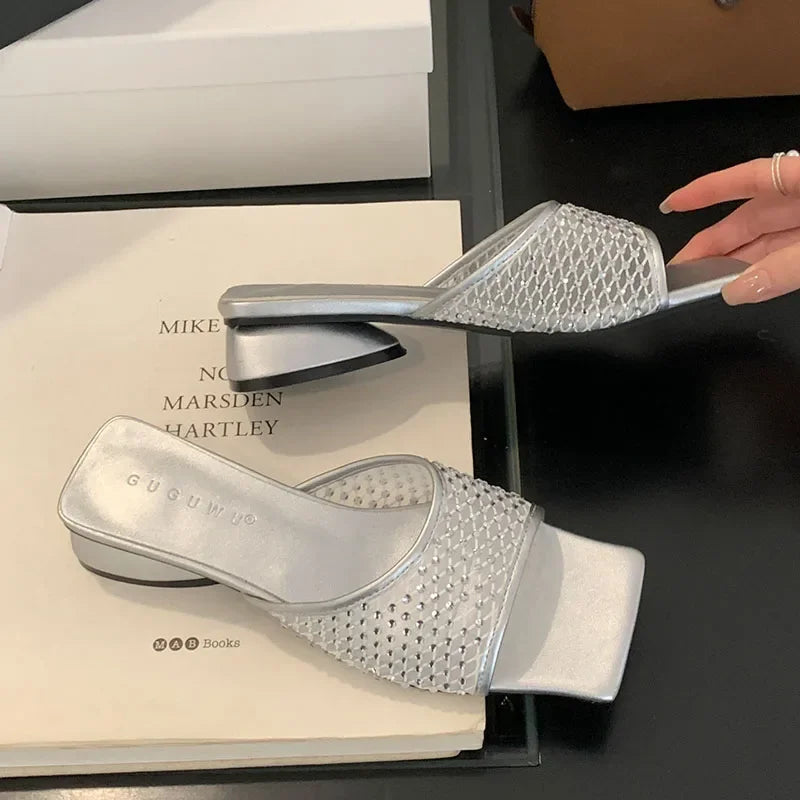 Lbsfy Summer NEW Mesh Breathable Slippers Women Rhinestone Square Toe Slides Female Footwear Fashion Sandals Ladies Zapatos De Mujer