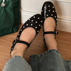 LBSFY  -  Fashionable Diamond Studded Women's Mary Jane Ballet Shoes 2025 Spring Shoes Casual Soft Leather Comfortable Flat Ballet Shoes