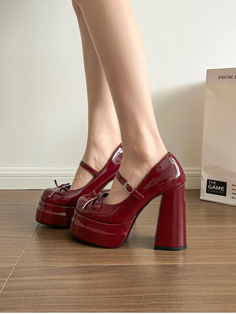 LBSFY -Platform Square High Heel Women's Mary Jane Shoes Fashion Butterfly-knot Shoes Spring Autumn Wedding Party Shoes
