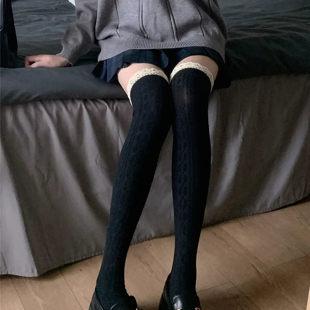 Lbsfy Socks Woman Autumn/Winter Solid Color Thigh High Lace Cute Lolita Thick Warm Stockings Black White Long Leg Socks for Women