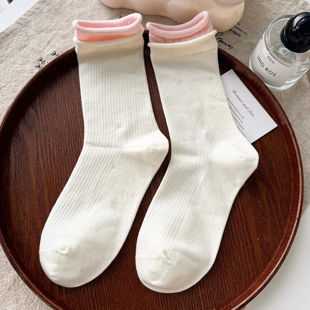 Lbsfy Autumn Winter Women's Tube Pile Socks Pure Cotton Double-layer Rolled Edge Y2K Trendy Sock Vertical Striped Cotton Female Socks