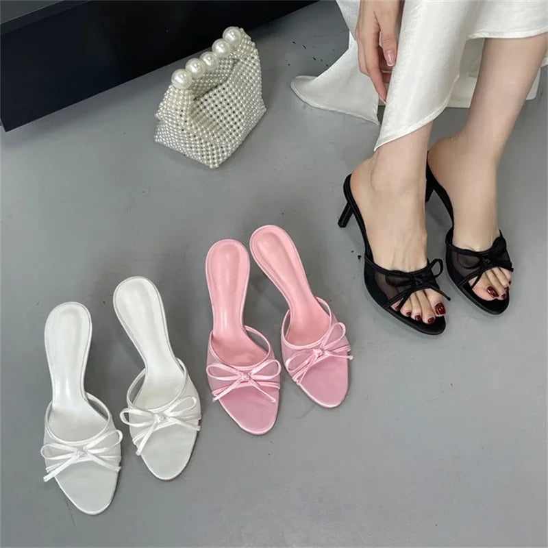 LBSFY -Fashion Butterfly-knot Breathable Holes Mesh Open Toe Woman Slippers Summer Thin High Heels Party Dress Shoes