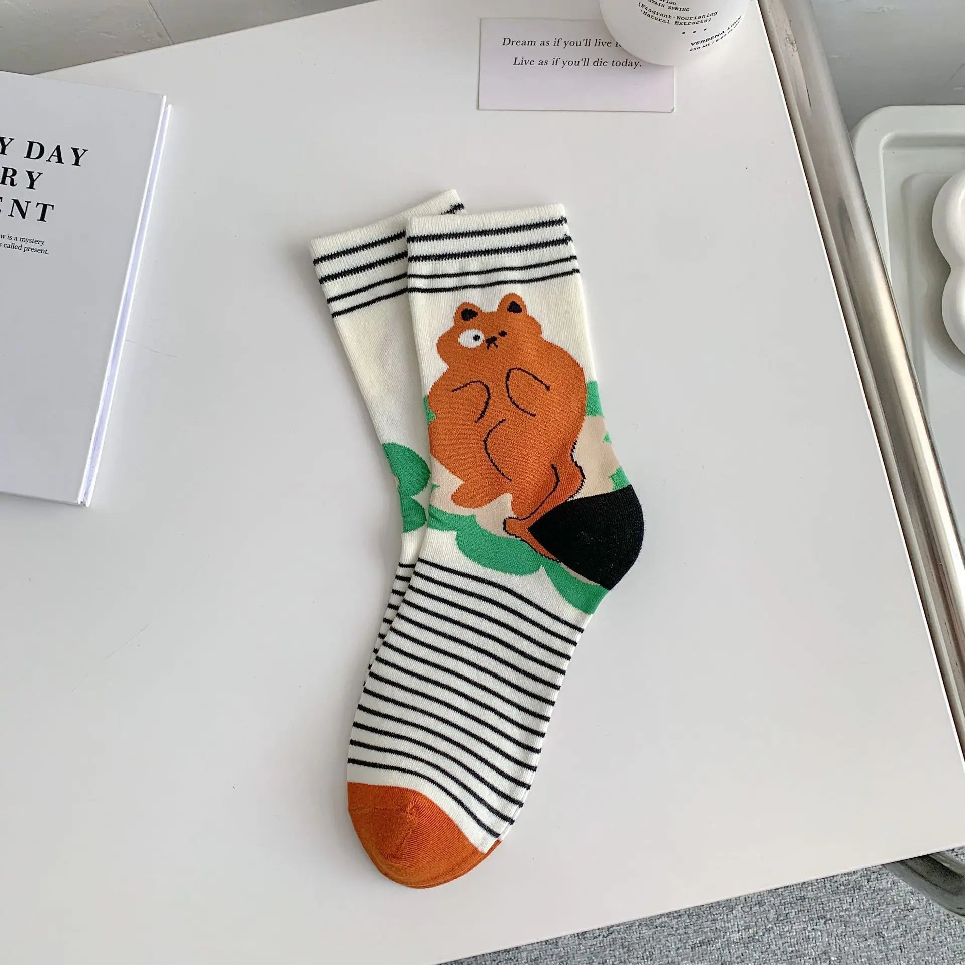 Lbsfy Women Socks Mid-tube Female Graffiti Illustration Stripe Cute Kawaii Harajuku Cartoon Cat Bear Animal Breathable Cotton Socks