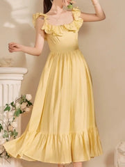 LBSFY -Yellow Ruffle Summer Chic French Pleated Long Dresses New Women's Flying Sleeve High Waist Square Collar Vacation Backless Dress