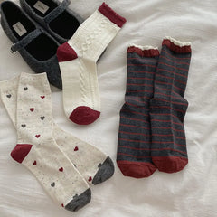 Lbsfy Women's Red Middle Tube Socks Cotton Striped Harajuku Kawaii Casual Socks Fashion Breathable Bowknot Gray Female Socks