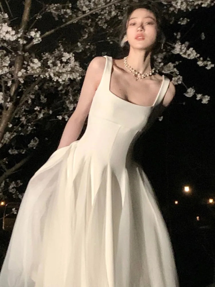 LBSFY -White Elegant Fairy French Sling Dress For Woman Summer Mesh Ball Gown Square-Collar Slim Fit Skirt Party Evening Dress 2025