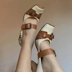 LBSFY  -  Khaki Beige Patchwork Belt Buckles Square Closed Toe Pumps Women Hollow Cuts Out Shallow Rivet Heels British Leather Shoes Lady