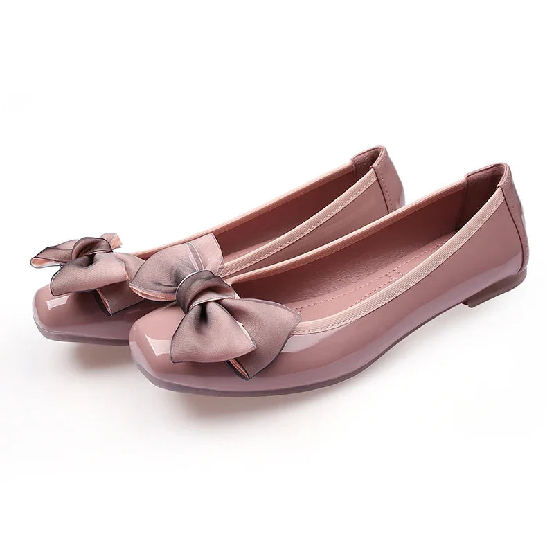 LBSFY  -  Fashion Square Toe Women Flats Shoes Bow Women Shoes Patent Leather Casual Single Spring Ballerina Shallow Mouth Loafers Shoes