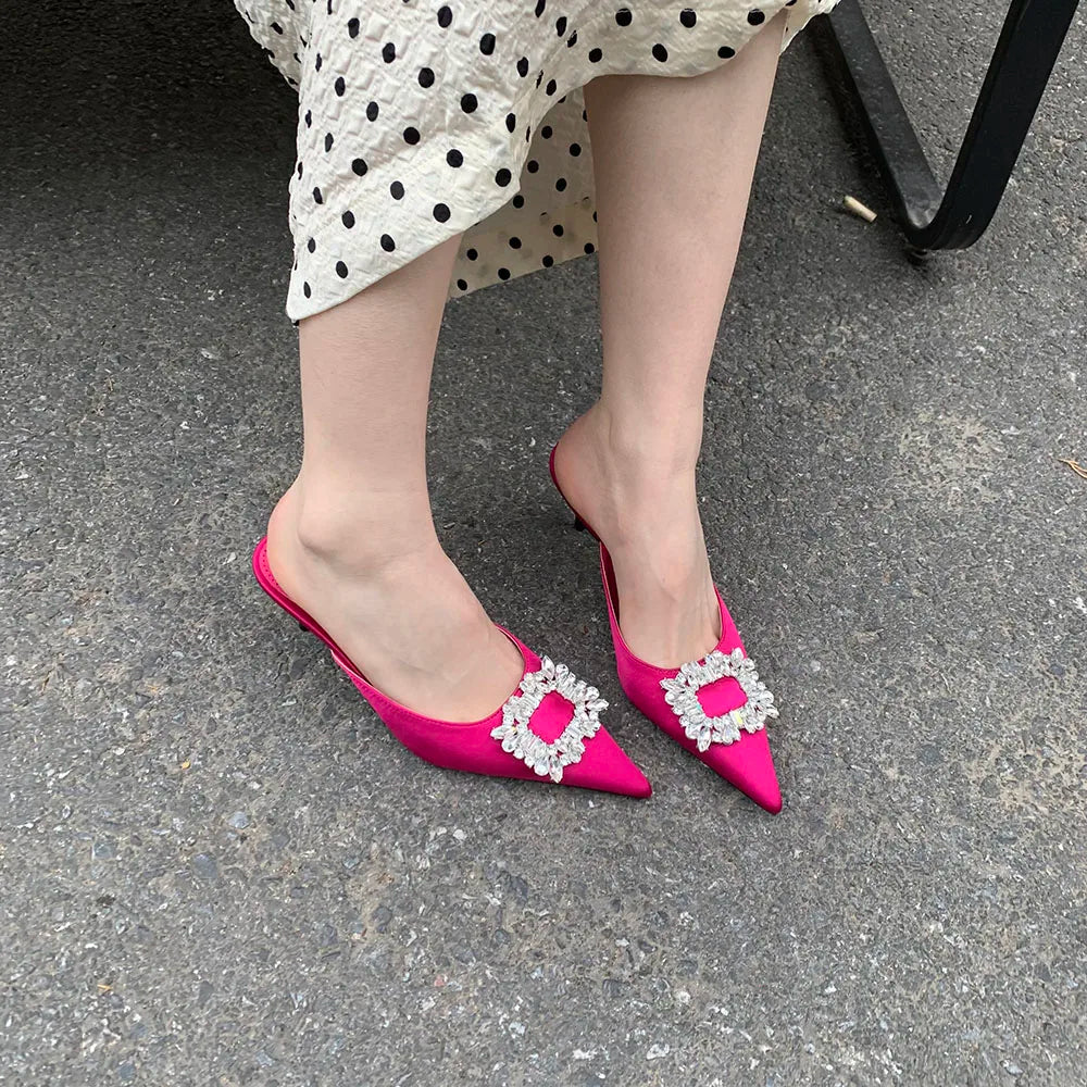 LBSFY  -  Silk Women Slides Slippers Thin High Heels Pointed Toe Summer Outside Mules Shoes Rhinestone Crystal Buckle Slip On Fashion Pump
