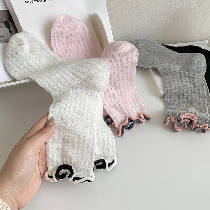 Lbsfy 4 Pairs Women's Lettuce Trim Socks Cute Bow Embroidery Breathable Socks Ankle Length Stacked Socks for Summer Streetwear