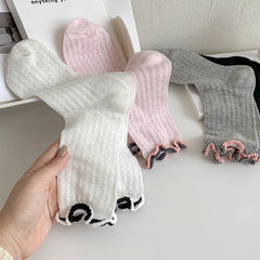Lbsfy 4 Pairs Women's Lettuce Trim Socks Cute Bow Embroidery Breathable Socks Ankle Length Stacked Socks for Summer Streetwear