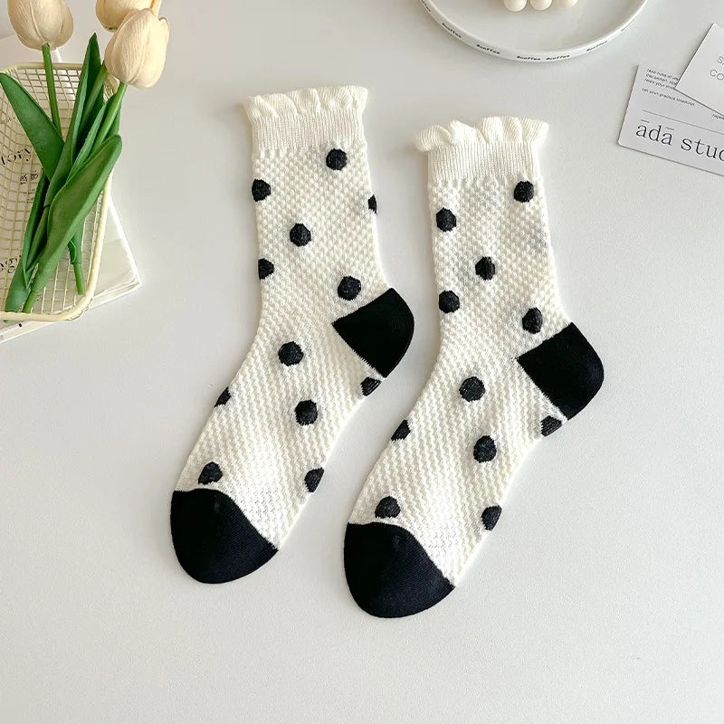 Lbsfy White Socks Women Polka Dot Heart Print Japanese Kawaii Cute Harajuku Street Middle Tube Short Crew Ruffle Socks For Girls Gift