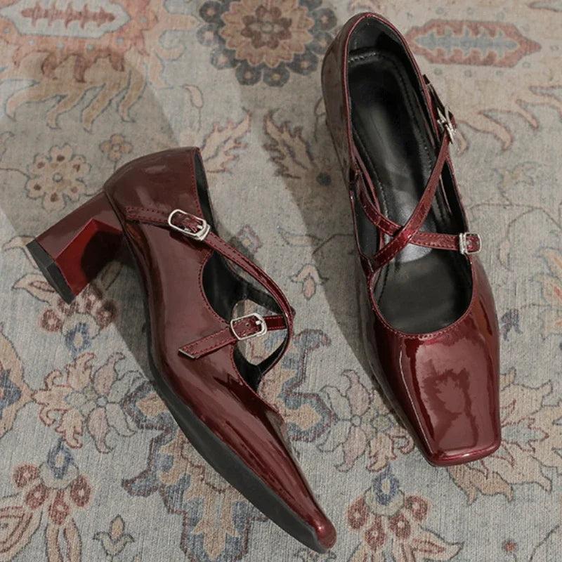 LBSFY  -  Square Toe Heeled Mary Jane Shoes Patent Leather Shallow Retro Chunky Women Shoes Cross Thin Strip Fashion Elegant Pumps Women