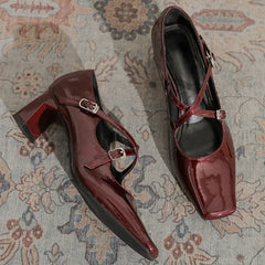 LBSFY  -  Square Toe Heeled Mary Jane Shoes Patent Leather Shallow Retro Chunky Women Shoes Cross Thin Strip Fashion Elegant Pumps Women