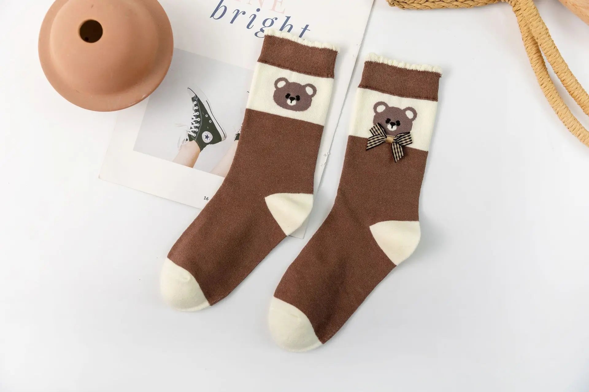 Lbsfy Ruffled Socks Women's Mid-tube Striped Dot Socks Spring Autumn Cotton Japanese Style Cute Kawaii Cartoon Bear Ladies Sports Soks