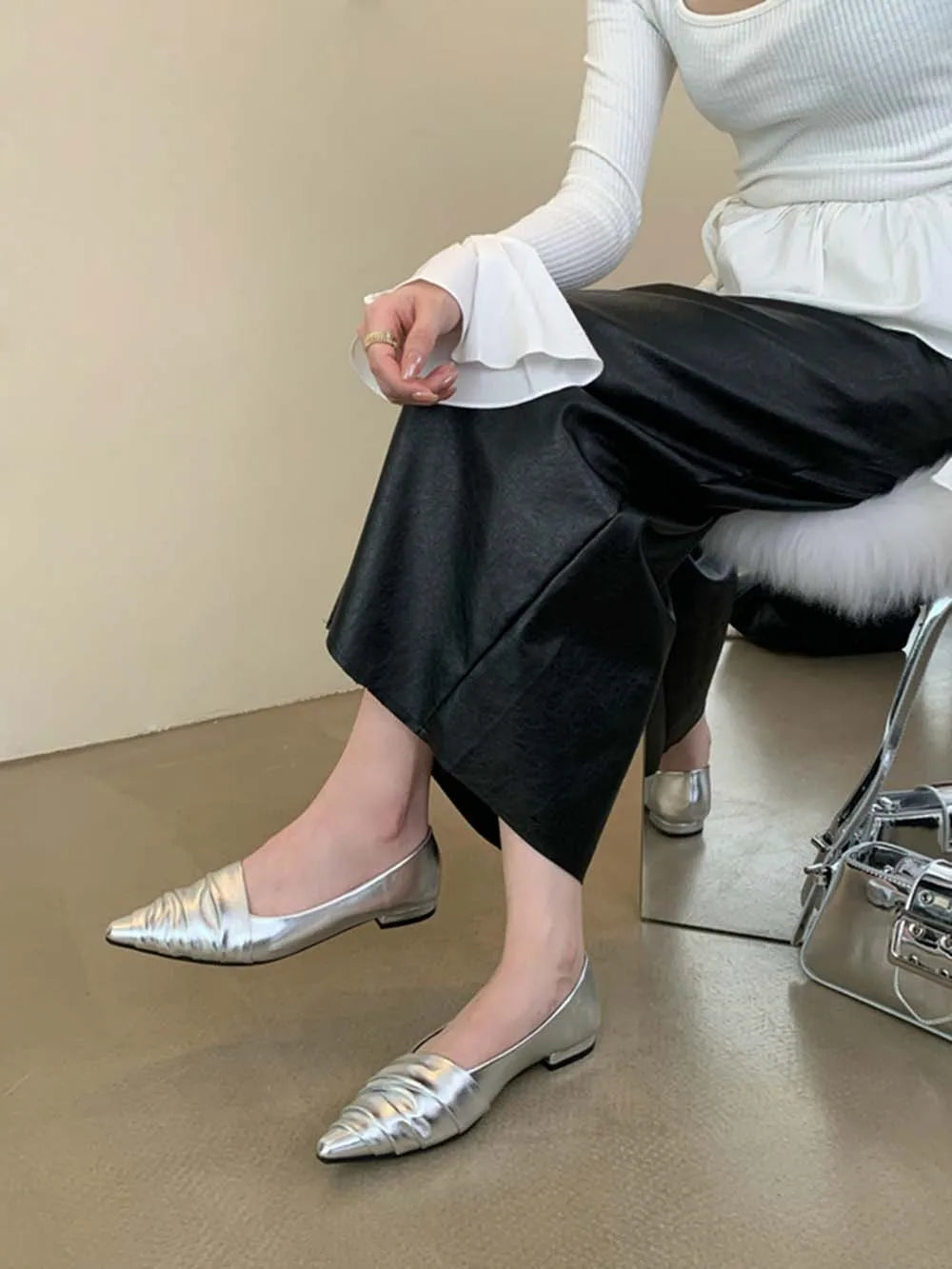 LBSFY  -  Fashion Women Loafers Pointed Toe Shallow Slip On Low Heeled Black Red Silver Gold Party Dress Shoes Woman Mules Size 35-39