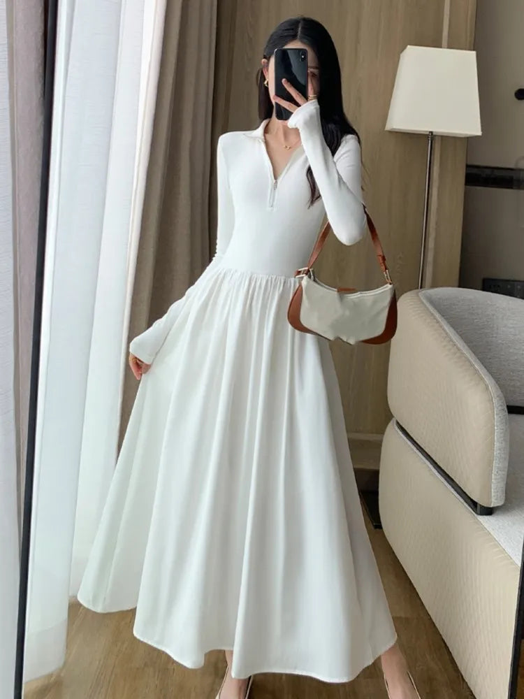 LBSFY -Vintage Elegant Solid Knitted Midi Dresses Women Korean Casual Long Sleeve Slim A-Line Black Birthday Party Robe Autumn Clothing