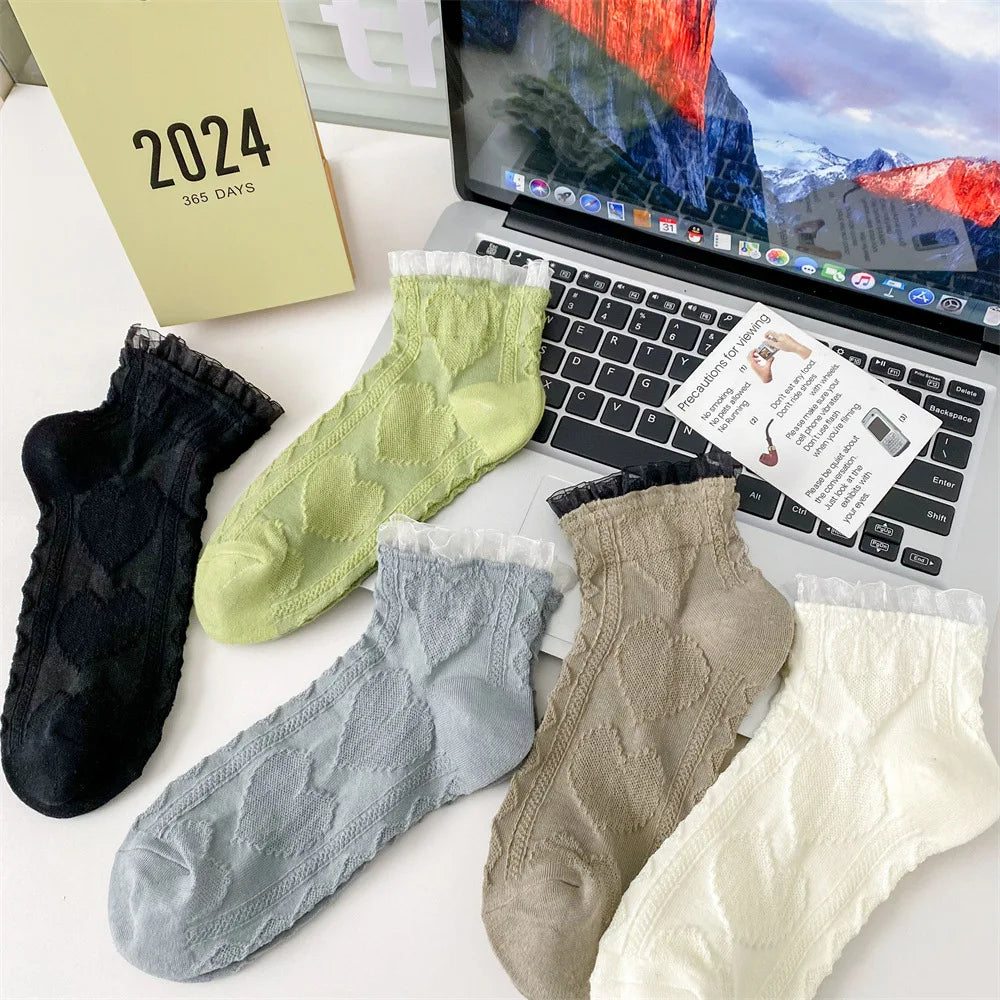 Lbsfy Women's Sock Spring Summer High Appearance Pure Cotton Anti Slip Sweat-absorbing Breathable Lace Love Fashion Cotton Short Socks