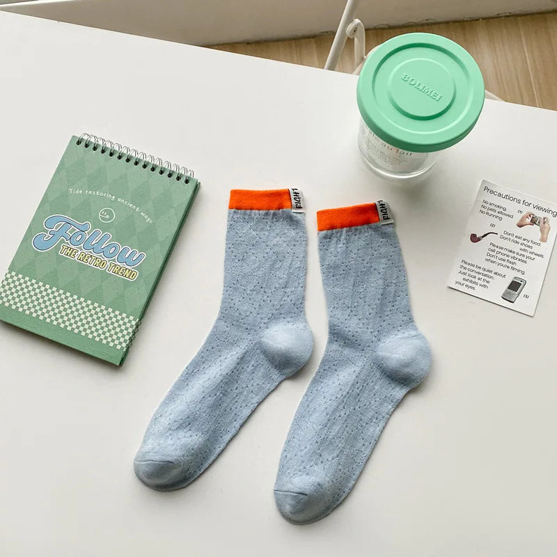 Lbsfy Women's Socks New Fashion Mixed-color Casual Simple Korean Style Striped Socks Female Breathable Cotton Girls School Crew Socks