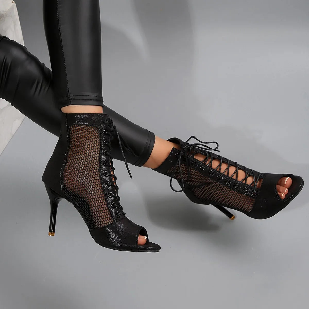 LBSFY -New Women Fashion Show Net Fabric Cross Strap Sexy High Heel Sandals Woman Shoes Pumps Lace-up Peep Toe Sandals Casual Mesh