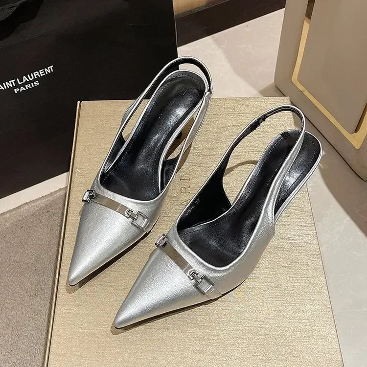 Lbsfy Mules Sandals Women Metal Decoration Pointed Low Heel Slingback Shoes Fashion Office High Heels Female Zapatos De Mujer