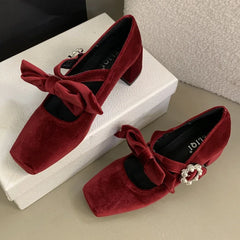 LBSFY  -  Velvet Bowknot Square Toe Chunky Mary Jane Shoes Women Rhinestone Buckle High Heels Dress Shoes Shallow Fashion Ballet Shoes