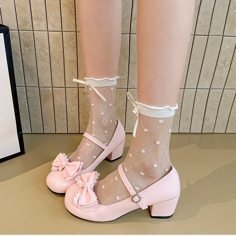 LBSFY -Cute Butterfly-knot Women Lolita Mary Jane Shoes Concise Thick Heel Leather Shoes Ladies Shallow Pumps