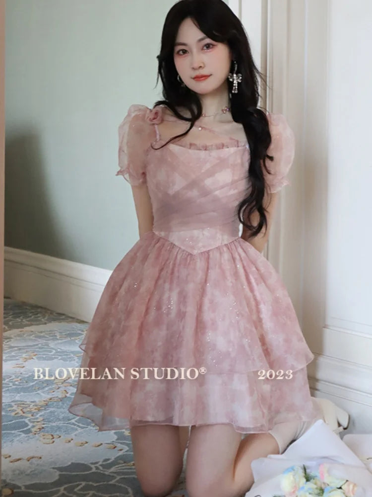 LBSFY -Korean Sweet Lace-up Mini Dress Elegant Print Puff Sleeve Ball Gown Birthday Party Short Dresses Summer Spring Princess Vestidos
