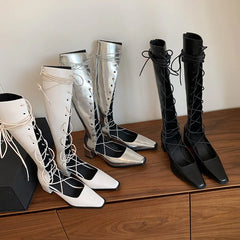 LBSFY  -  Fashion Knee Length Boots Women's New High-Quality Genuine Leather Roman Cross Strap Summer Open Leather Sandals Boots