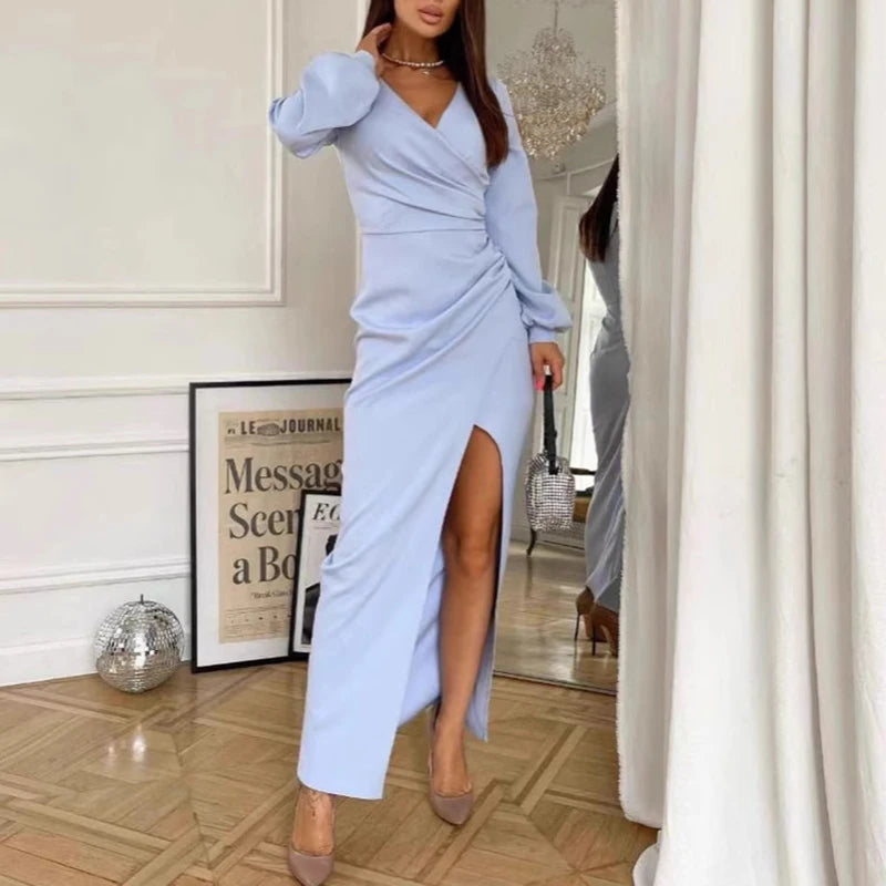 LBSFY  -  Casual Long Sleeve Slim Evening Dress Women Elegant Deep V-neck Split Long Dress Fashion Hight Waist Draped Solid Party Dresses