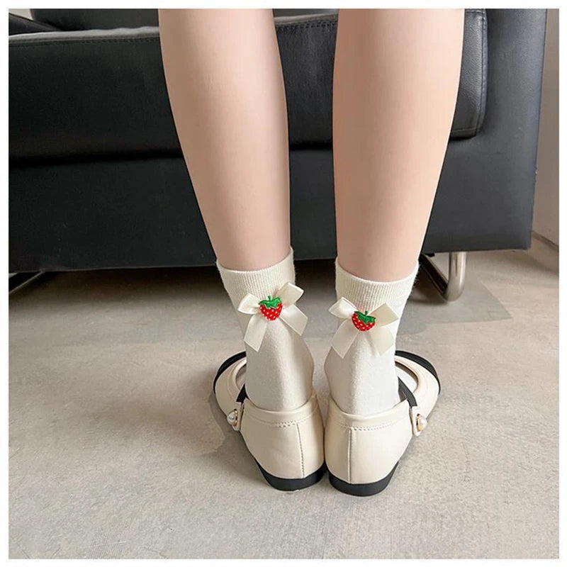 Lbsfy Women Socks Cotto Midtube Socks Black White Solid Color Japanese Harajuku Lolita Style Strawberry Bow Cotton Stockings Girl Gift