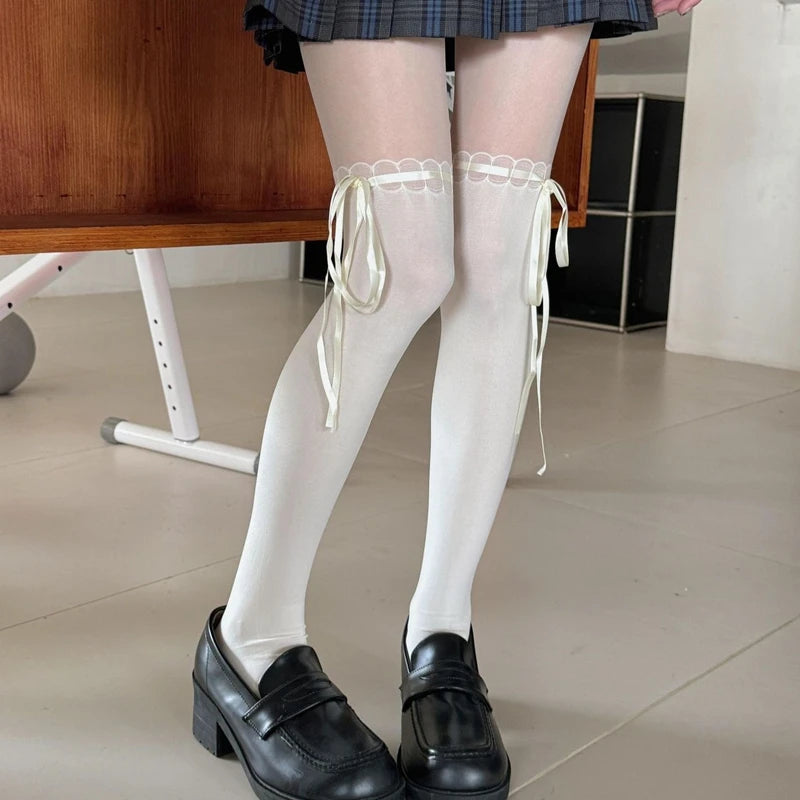 Lbsfy Lolita Styles Girls Tights Sweet Bow Kawaii Stockings for Women Semi-Transparent Pantyhose JK Students High Elastic Long Socks