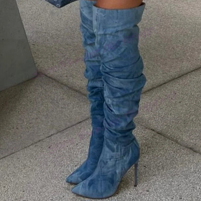 LBSFY  -  Blue Denim Over The Knee Boots Pointed Toe Shoes for Women Stilettos High Heels Sexy Lady Party Shoes 2024 Zapatos Para Mujere