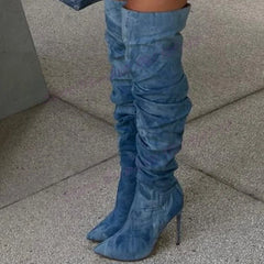 LBSFY  -  Blue Denim Over The Knee Boots Pointed Toe Shoes for Women Stilettos High Heels Sexy Lady Party Shoes 2024 Zapatos Para Mujere