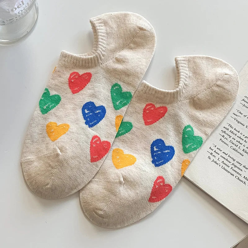 Lbsfy Spring Summer Socks Women's Combed Cotton Sweat Style Leisure Low Cut Love Print Invisible Socks Girls Gift Korean Street Sox