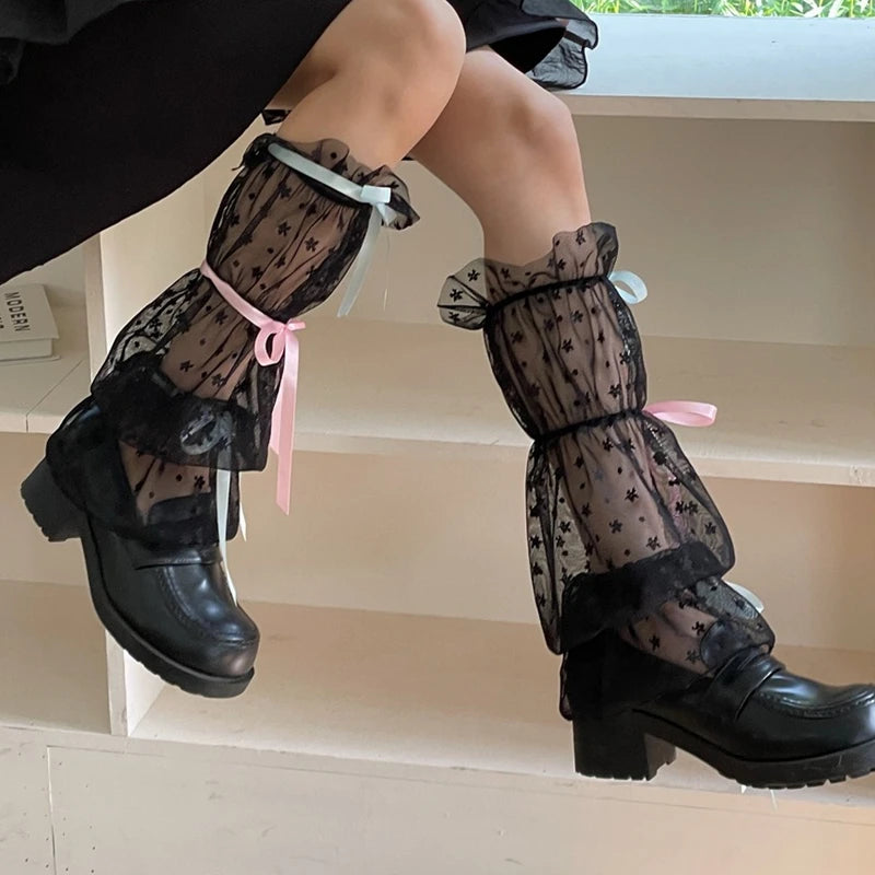 Lbsfy Summer Lace Leg Warmers Fashion Y2K Mid Length Sock Covers Girls Lolita Style Bowknot Sweet Leg Covers Meshes Leg Sleeves Woman