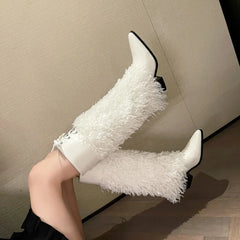 LBSFY  -  2024 White Plush Boots Fashion Frenum Knee Length Pointed Boots 6cm Thick Heel Chelsea Boots 34-46 Auto Show Model Women's Shoes