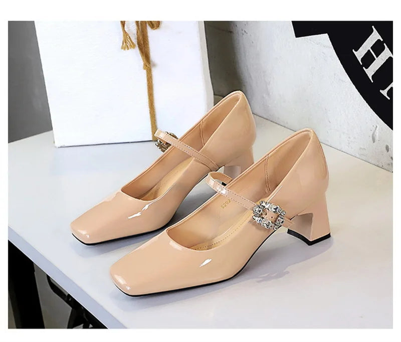 LBSFY -Banquet Mary Jane Women Single Shoes Square Toe Light Mouth Patent Leather One-Striped Rhinestone Buckle Thick Heel Medium Heel