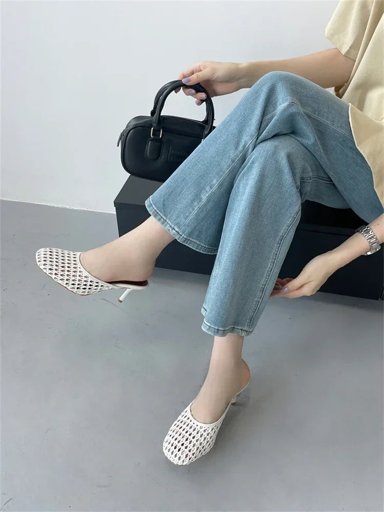 LBSFY -Summer Hollow Out Breathable Mesh Weaving Women Slippers Fashion Thin Heels Party Dress Mule Shoes Large Size 43