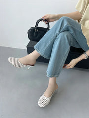 LBSFY -Summer Hollow Out Breathable Mesh Weaving Women Slippers Fashion Thin Heels Party Dress Mule Shoes Large Size 43