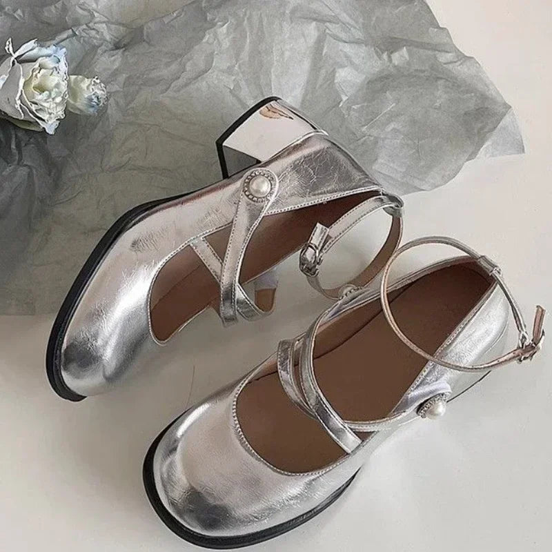 LBSFY -Ladies' Elegant  2025 Spring Style Women's Fashion One Line Buckle with Shallow Mouth Silver Mary Jane Single Shoes Square Heels