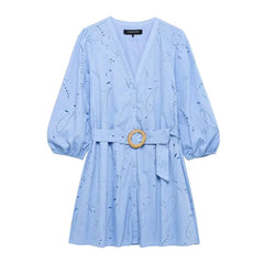 LBSFY -Lantern Sleeve O- Neck Blue Women Dress Cotton Blend Embroidery Hollow Out Summer Dress With Belt Elegant casual Female Clothing