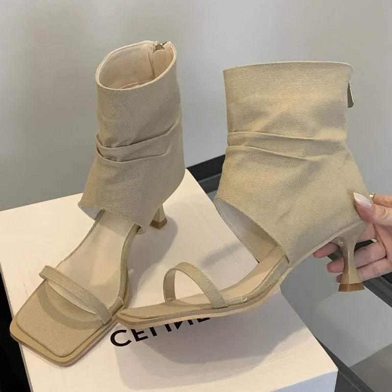 LBSFY -Design Hollow Out Zipper Women Ankle Boots Sandals Fashion Square Toe Thin Low Heels Ladies Shoes Zapatos De Mujer