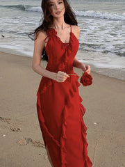 LBSFY -Women French Style Elegant Vintage Red Ruffles Party Dresses Slim A-Line V-Neck Wedding Evening Dress Spring Summer New 2025