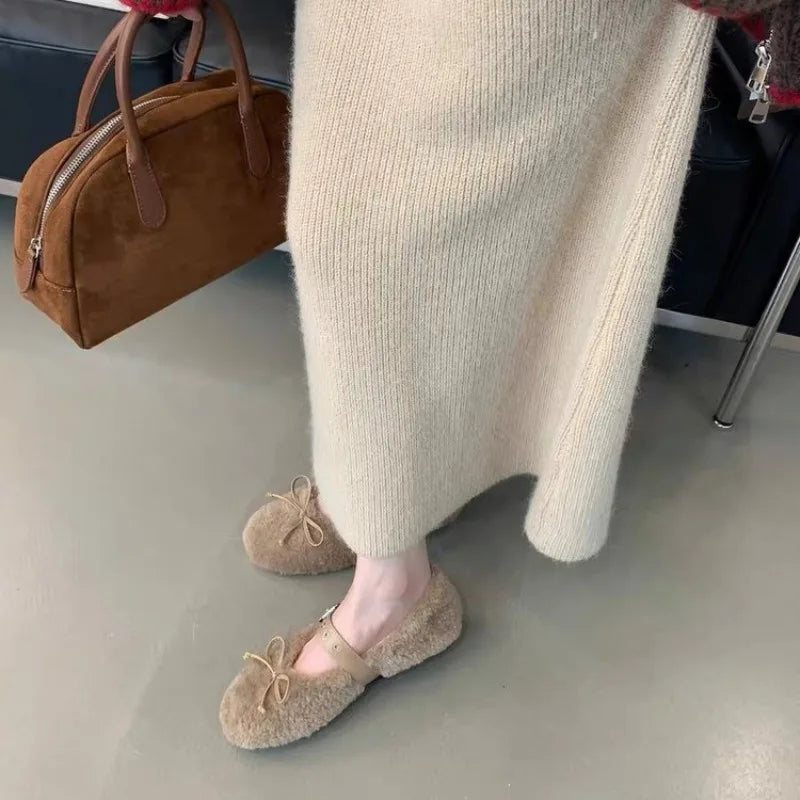 LBSFY -New Women's Shoes Woman Flats Low Heels Casual Female Sneakers Slip-on Loafers Fur Round Toe Shallow Mouth Boat Slip on Winter