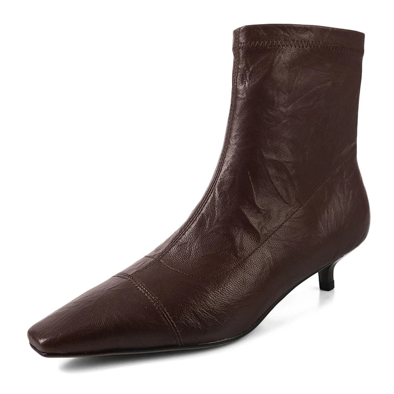 LBSFY  -  Plus Size 34-41 New Genuine Leather Boots Women Zipper Pointed Toe Mid Heels Autumn Winter Ankle Boos Wool Snow Boots