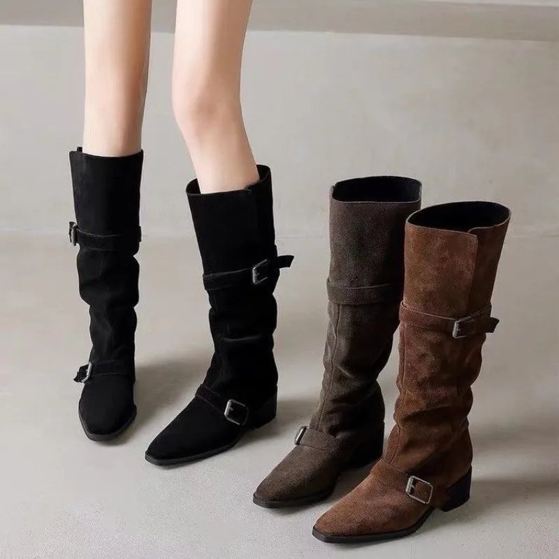 LBSFY -New Square Heels Knee High Boots Women Pointed Toe Runway Shoes Woman Suede Leather Metal Buckle Long Western Cowboy Boots Woman