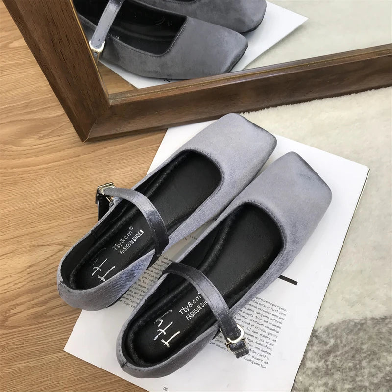 LBSFY -Fashion Women's Velvet Flats Ladies Square Toe Shallow Buckle Casual Ballet Shoes Slip-on Outdoor Mary Jane Shoes