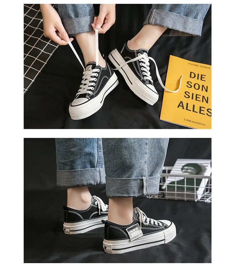 LBSFY -Solid Color Low Cut Korean Style Casual Thick Soled Canvas Shoes for Women Versatile Thick Soled Shoes for Heightening